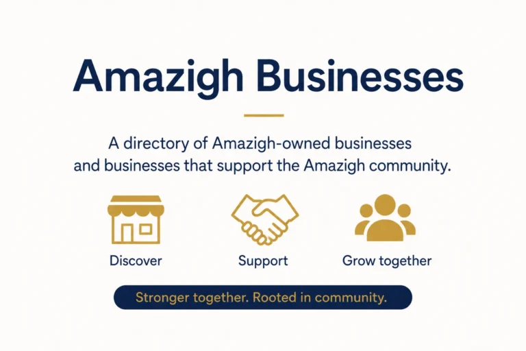 Amazigh Businesses graphic with icons for discovery, support, and community growth.