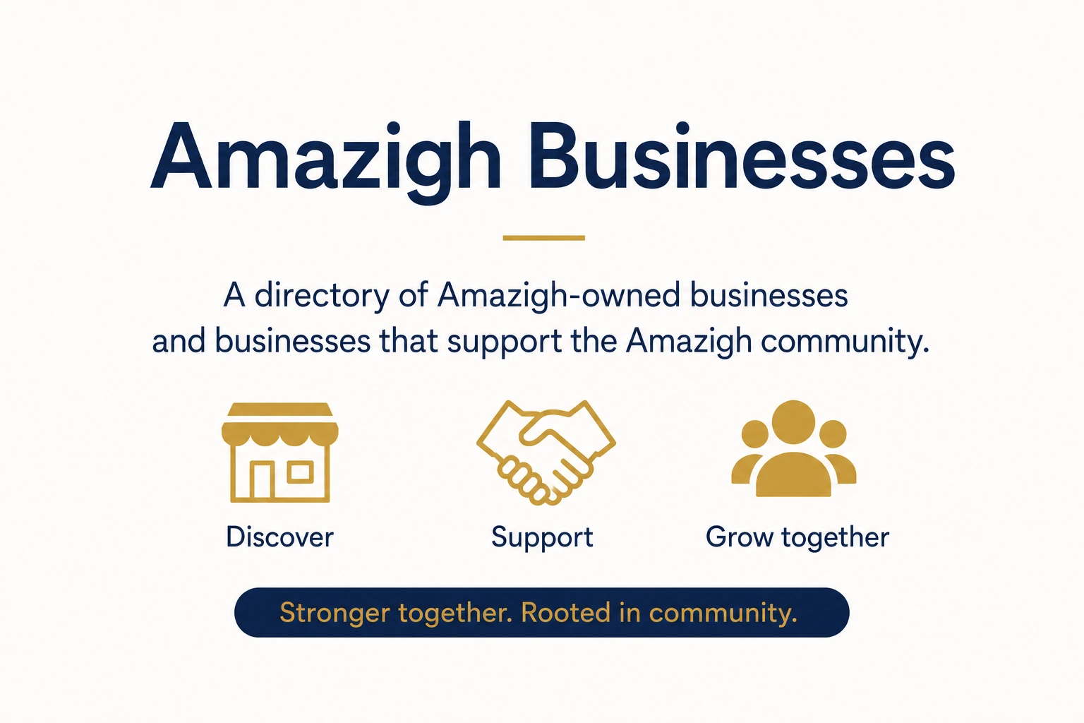 Amazigh Businesses graphic with icons for discovery, support, and community growth.